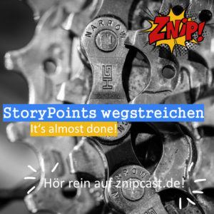 StoryPoints wegstreichen - it's almost done - vor dem Hintergrund einer Fahrradgangschaltung, als Symbol für Übertäge